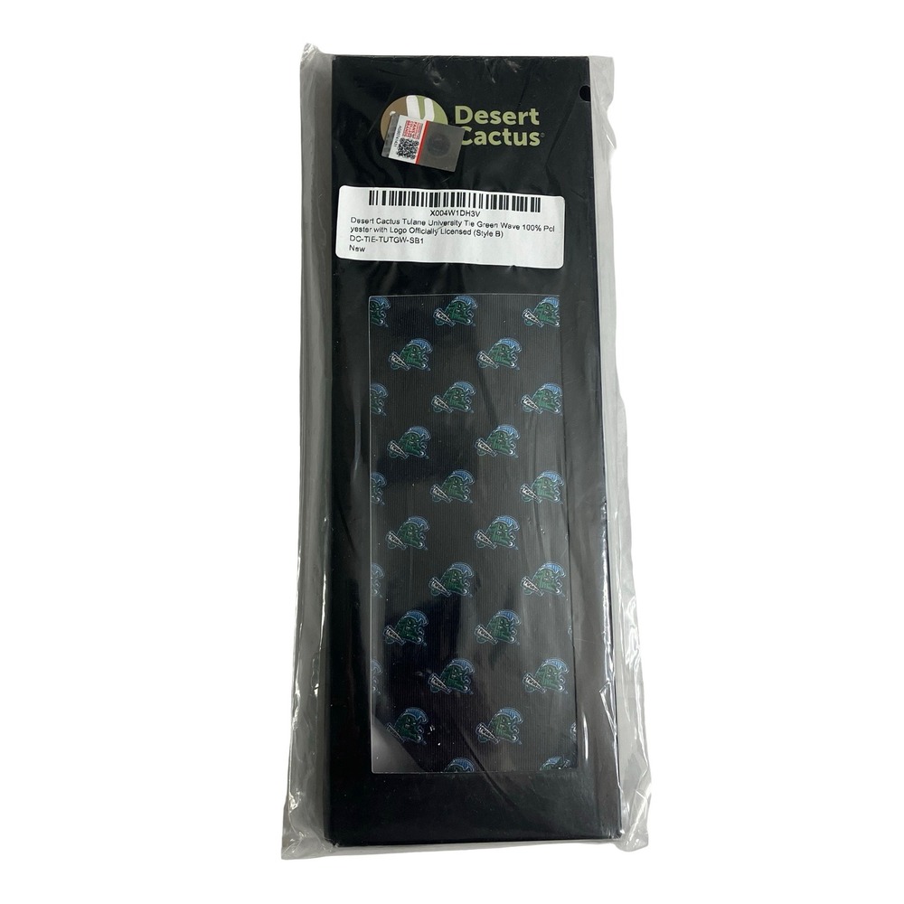 Desert Cactus Tulane University Tie Mens OS Black Green Wave Logo Collegiate